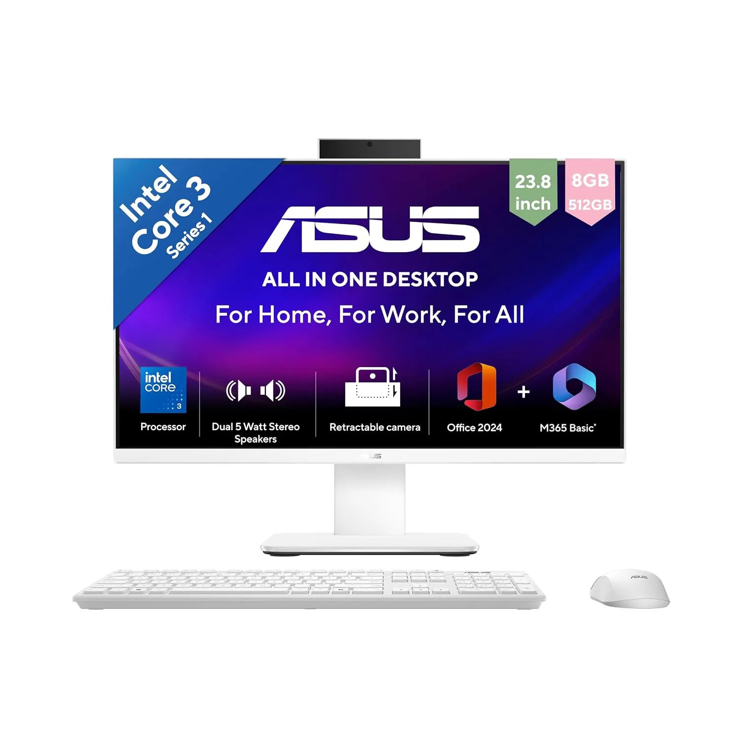 ASUS V440 (2026),i3-14th Gen,Intel Core 3 100U,Intel iGPU,8GB/512GB,FHD,23.8"(60.45 cm),Win 11,M365 Basic(1Y),Office 24,White,5.46 kg,V440VAB-KWC3001WS,with Wireless Keyboard & Mouse,All in One PC