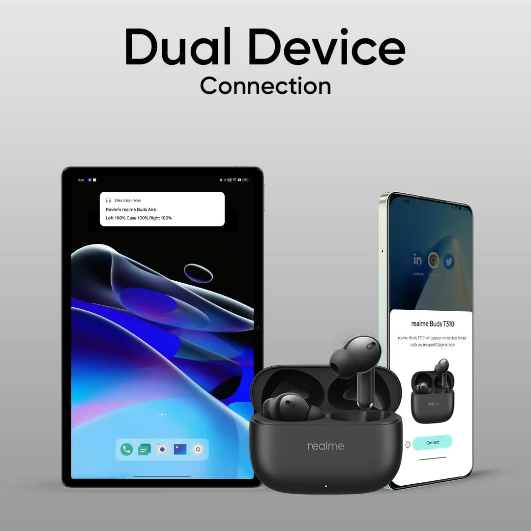 realme Buds T310 True Wireless in-Ear Earbuds with 46dB Hybrid ANC, 360° Spatial Audio, 12.4mm Dynamic Bass Driver, Upto 40Hrs Battery and Fast Charging (Vibrant Black) 2
