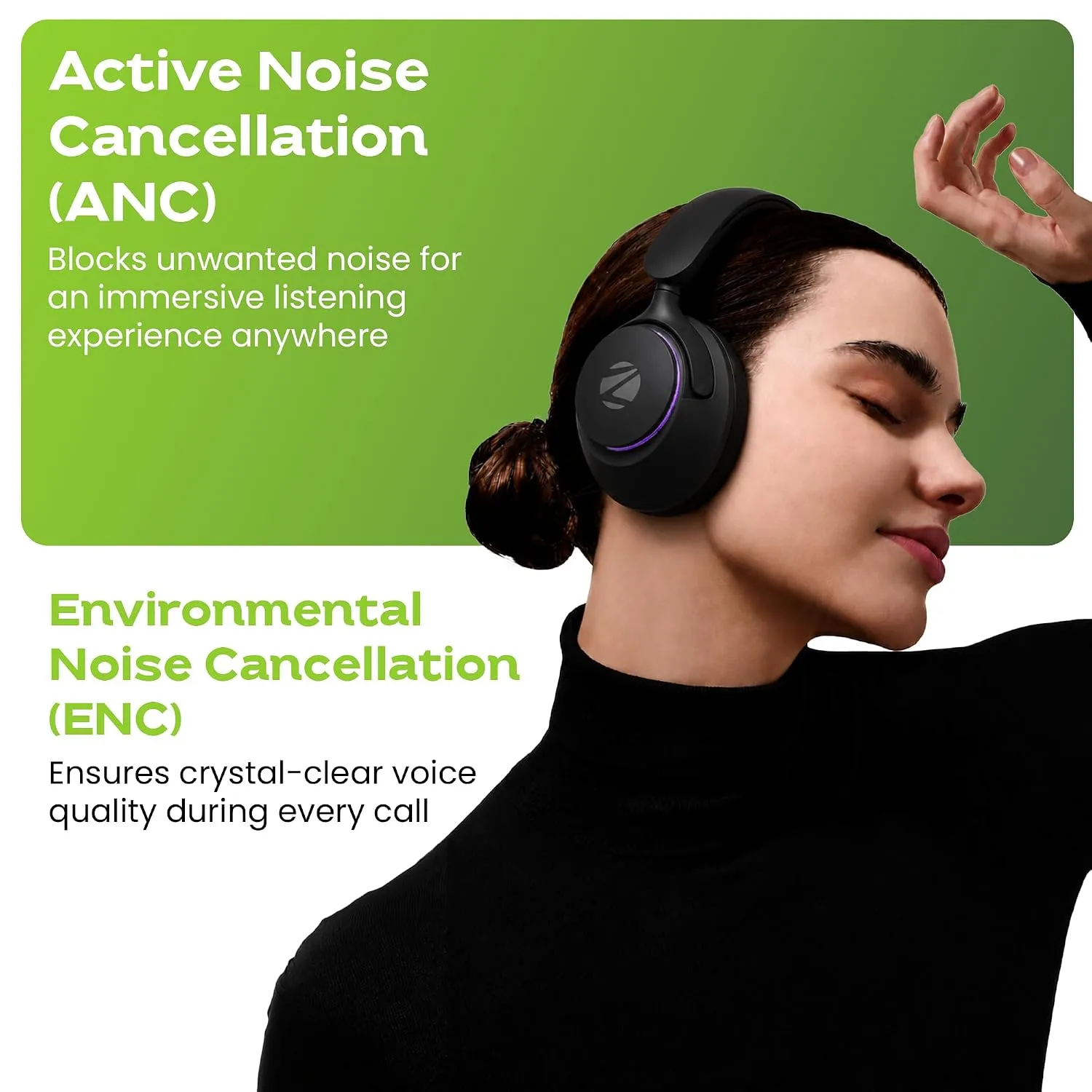 Zebronics Envy Pro ANC Wireless Headphones, BT v6.0 + Type-C Dongle, 40mm Drivers, Up to 40h Playback, App Support, Gaming Mode, ENC, 3 EQ Modes, RGB, Rapid Charging, Foldable Design (Black) 3