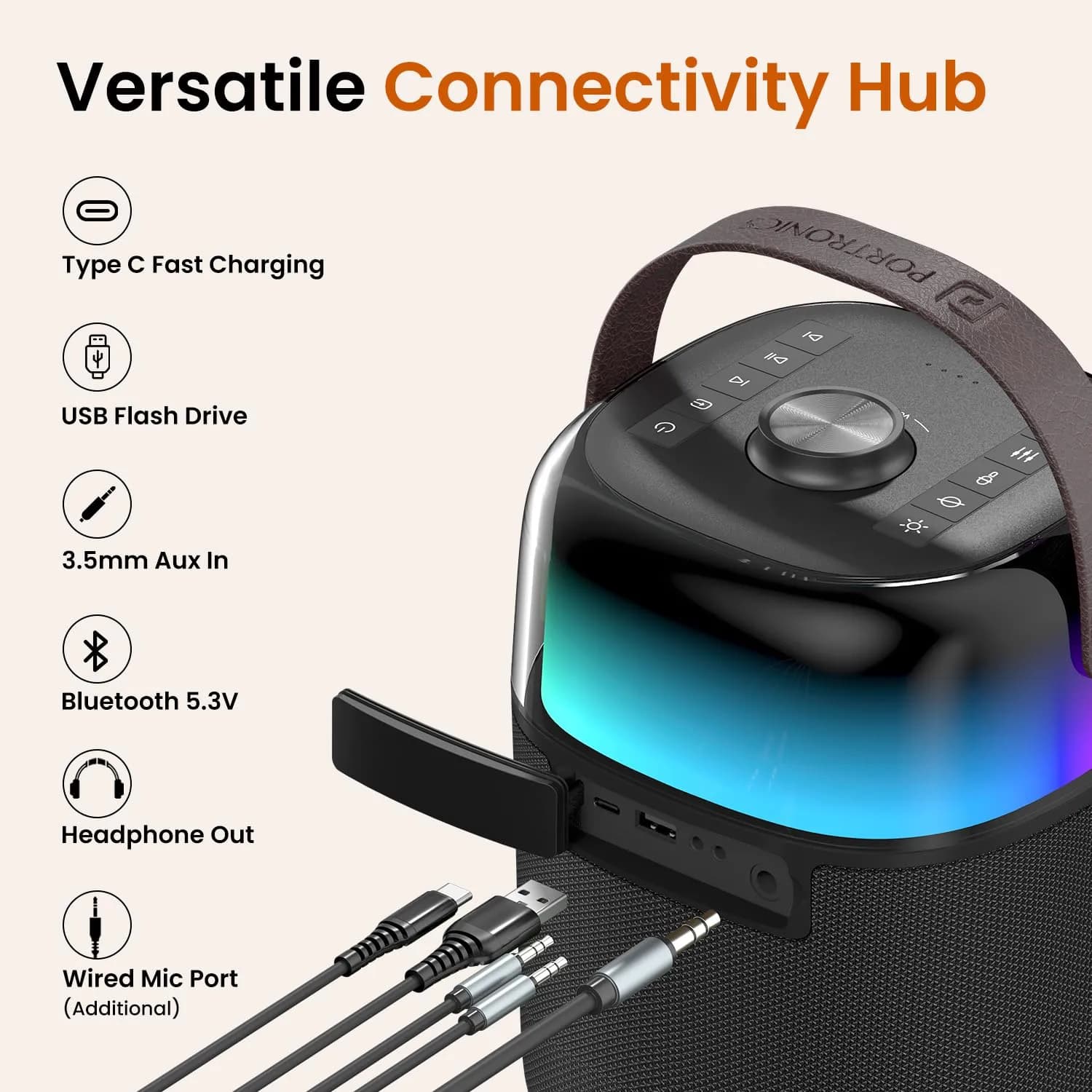 Portronics Dash 4 50W Wireless Bluetooth Party Speaker with Karaoke Mic, Upto 6 Hours Playtime, HD Sound, Bass Boost Technology, EQ Modes, 360° RGB Lights, BT 5.3v, AUX in, Type C Charging(Black) 2