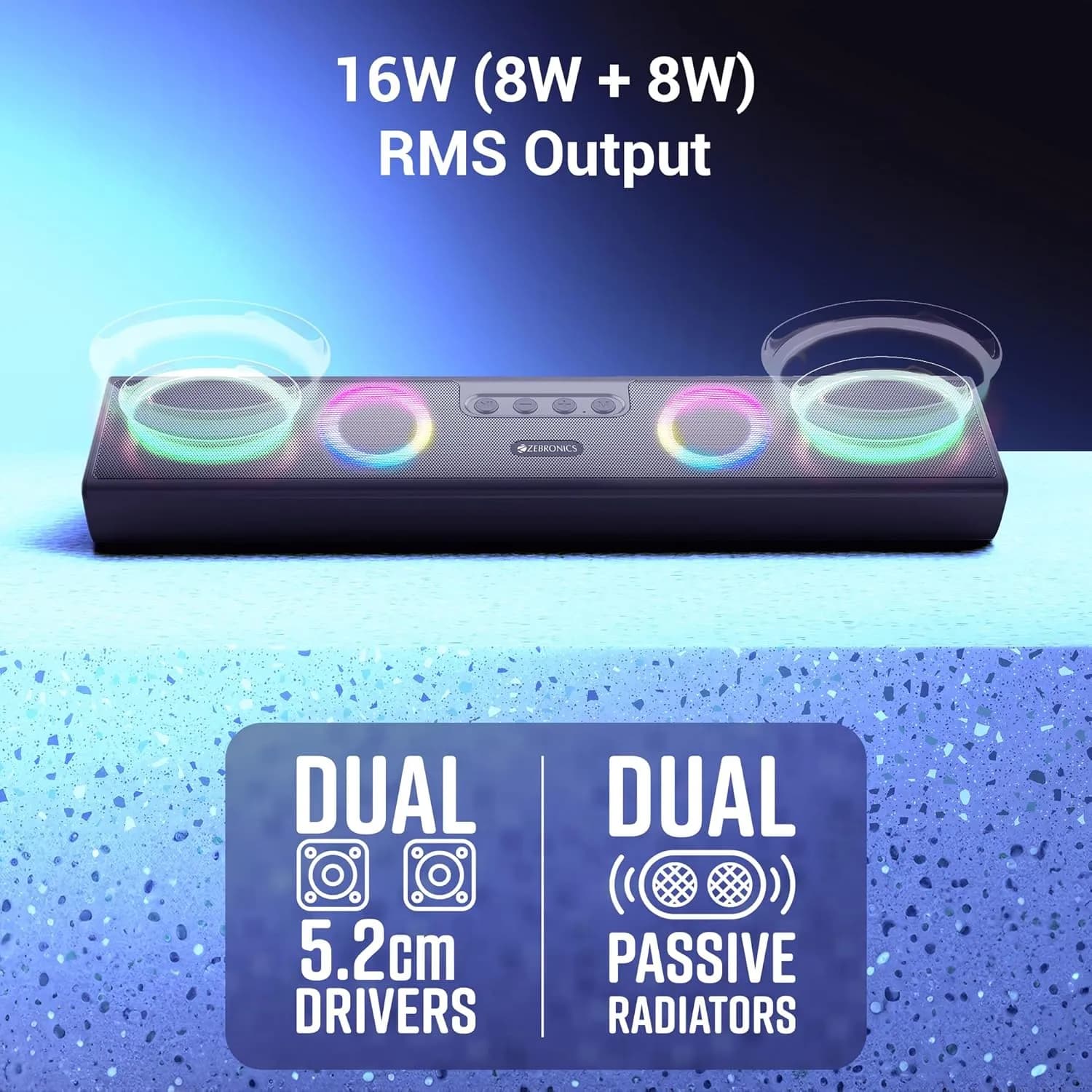 ZEBRONICS Astra 35, Portable Bluetooth Speaker, 16 Watts, Upto 8h Backup, Dual Drivers + Dual Passive Radiators, Call Function, Bluetooth v5.3 | USB | mSD| AUX, TWS, RGB LED 3